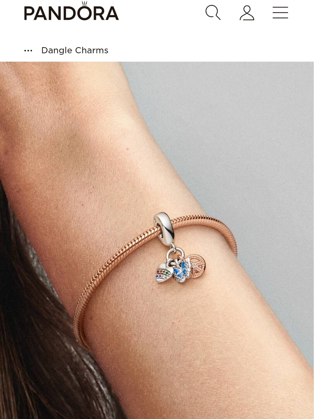 Pandora Two-tone Rainbow Heart, Butterfly & Peace Triple Dangle Charm